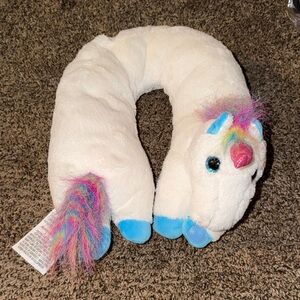 Plush Unicorn Travel Neck Pillow - White with Rainbow Accents